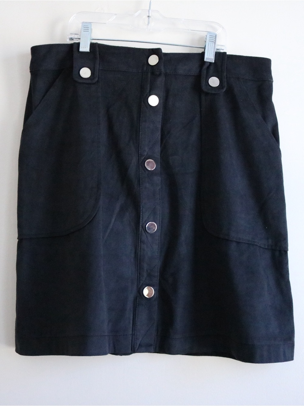 New York & Company Button-Front Black Suede A-Line Skirt